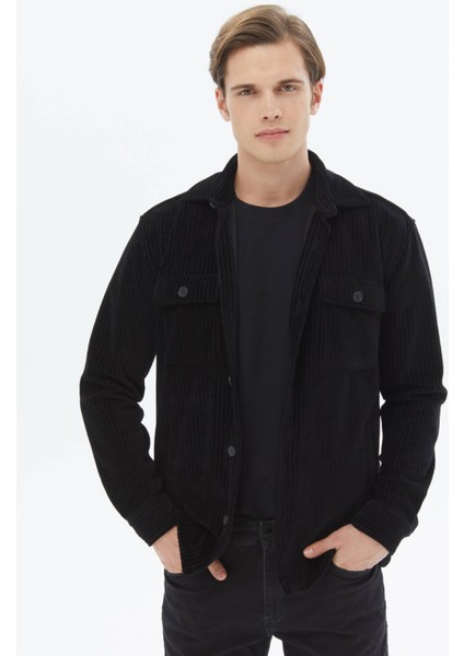 Siyah Düz Oversize Fit Pamuk Karışımlı Overshırt