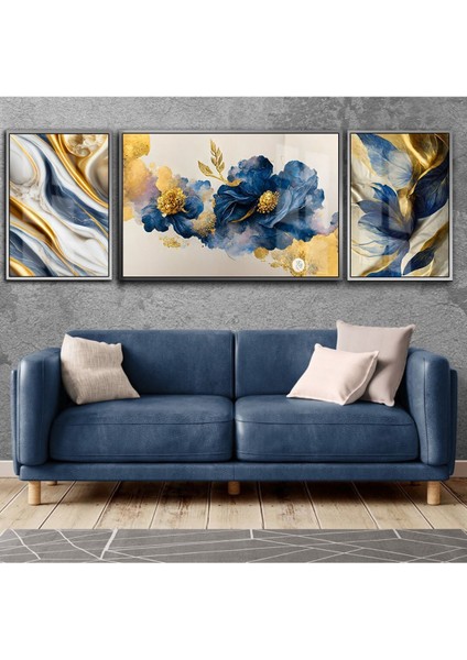 lacivert-Gold Çiçek ve Soyut Kombini 08|çerçeveli Temperli Cam Tablo 3lü Yatay