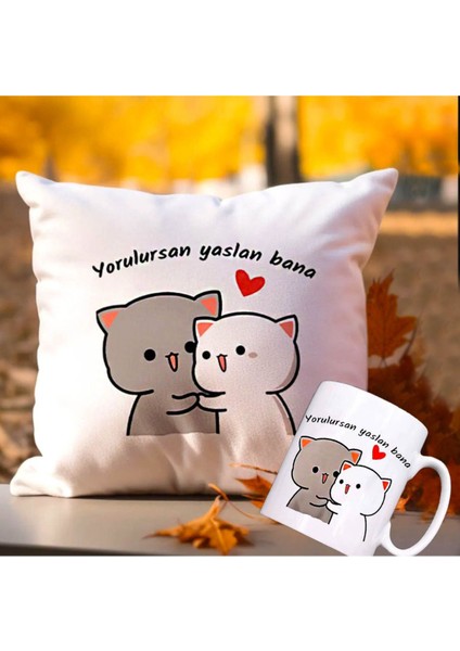 Yorulursan Yaslan Bana Puf Yastık & Kupa Hediye Seti