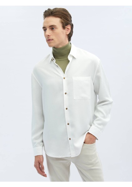 Beyaz Fitilli Oversize Fit Dokuma Casual Gömlek