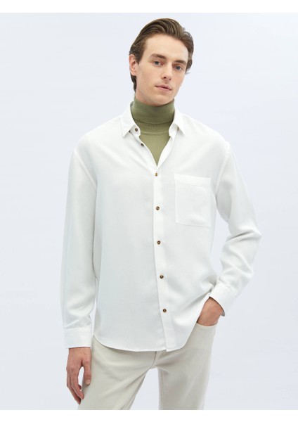 Beyaz Fitilli Oversize Fit Dokuma Casual Gömlek