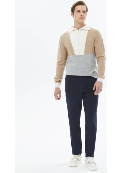 Lacivert Dokuma Carrot Fit Casual Pamuk Karışımlı Pantolon