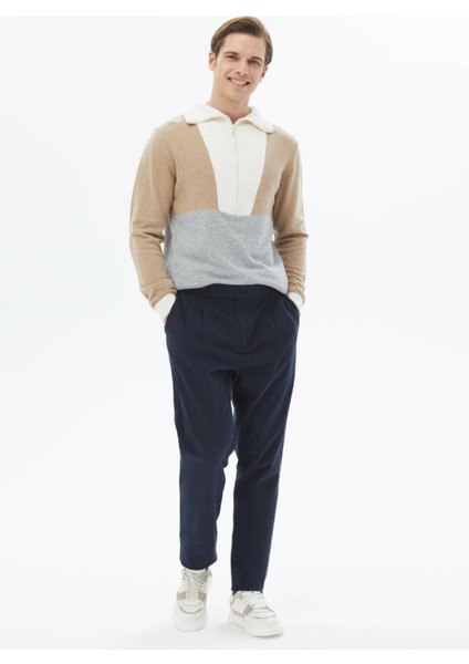 Lacivert Dokuma Carrot Fit Casual Pamuk Karışımlı Pantolon modelleri