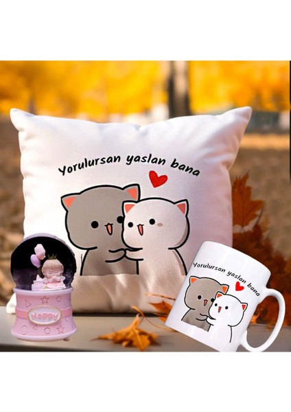 Yorulursan Yaslan Bana Puf Yastık & Prenses Doğum Günü Işıklı Müzikli Kar Küresi Hediye