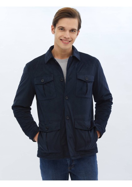 Lacivert Fitilli Regular Fit Dokuma Kadife Overshırt