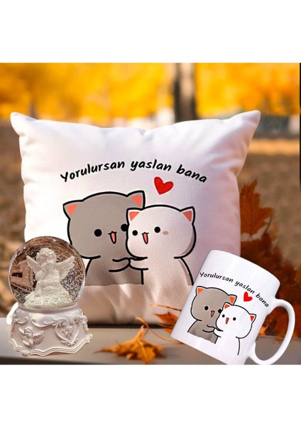Yorulursan Yaslan Bana Puf Yastık & Kupa & Beyaz Melek Büyük Boy Müzikli Kar Küresi