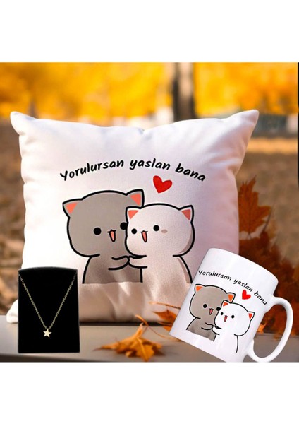 Yorulursan Yaslan Bana Puf Yastık & Kupa & Yıldız Kolye