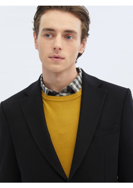 Siyah Düz Modern Fit Yün Karışımlı Ceket