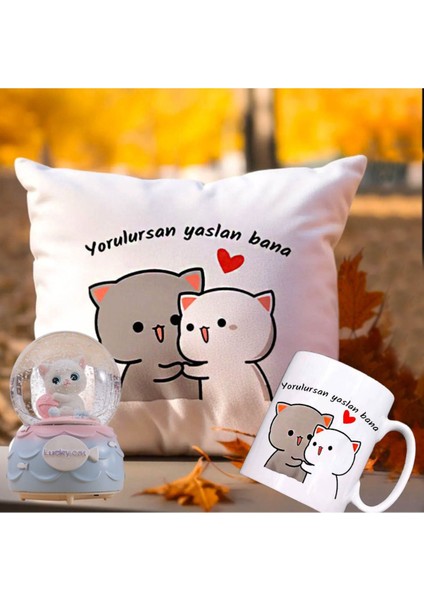 Yorulursan Yaslan Bana Puf Yastık & Kupa & Lucky Cat Kedi Müzikli Işıklı Kar Küresi