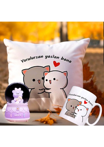 Yorulursan Yaslan Bana Puf Yastık & Ayıcık ve Prenses Işıklı Müzikli Kar Küresi Hediye