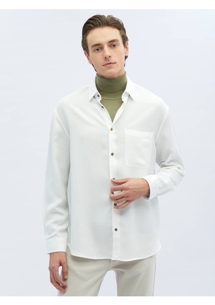 Beyaz Fitilli Oversize Fit Dokuma Casual Gömlek