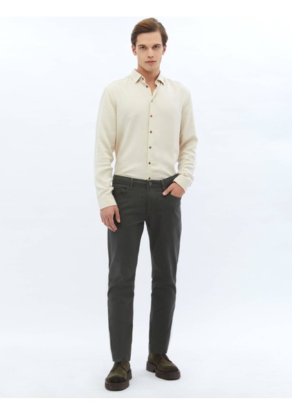 Haki Dokuma Slim Fit Casual Pamuk Karışımlı Pantolon