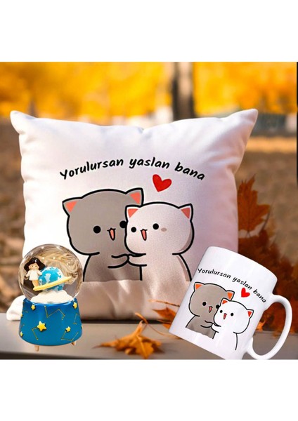 Yorulursan Yaslan Bana Puf Yastık & Satürn Kız Kar Küresi Hediye