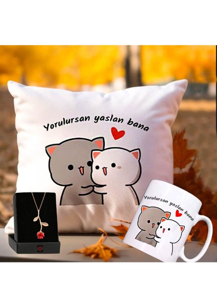Yorulursan Yaslan Bana Puf Yastık & Kupa & Gold Rose Gül Kolye