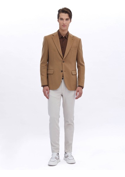 Deve Tüyü Düz Regular Fit Yün Karışımlı Ceket