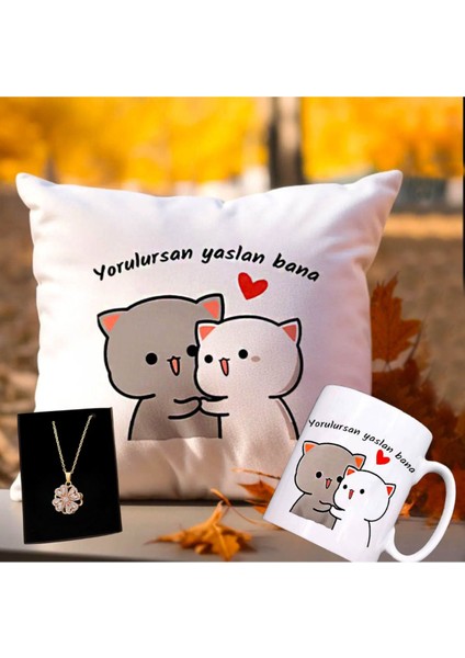 Yorulursan Yaslan Bana Puf Yastık & Kupa & Zirkon Taşlı Hareketli Dönen Yonca Kolye