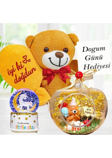 Doğum Günü Hediyesi Işıklı Teraryum & Iyiki Doğdun Balonlu Ayıcık & Unicorn Işıklı Kar Küresi