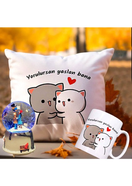 Yorulursan Yaslan Bana Puf Yastık & Kupa & Sokak Lambası Işıklı Kar Küresi