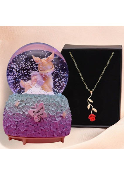 Sevimli Dostlar Temalı Orta Boy Işıklı Müzikli Kar Küresi & Gold Rose Gül Kolye