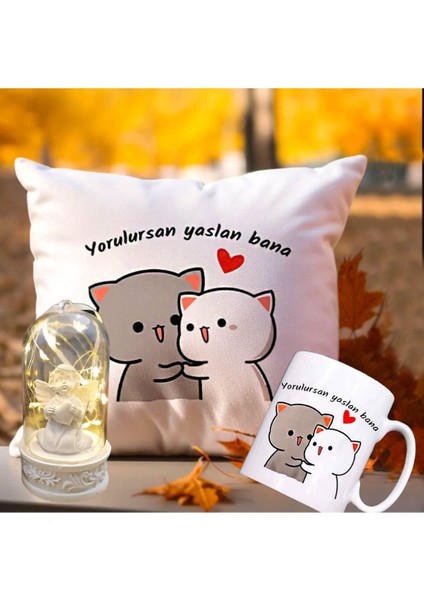 Yorulursan Yaslan Bana Puf Yastık & Kupa & Masum Melek Işıklı Küre