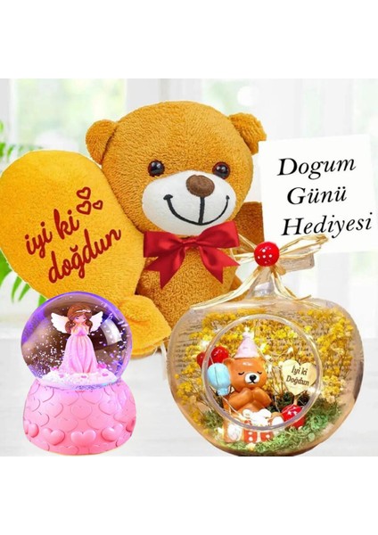 Doğum Günü Hediyesi Işıklı Teraryum & Iyiki Doğdun Balonlu Ayıcık &pembe Peri Işıklı Kar Küresi