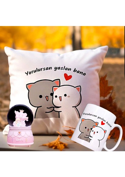 Yorulursan Yaslan Bana Puf Yastık & Prenses Işıklı Müzikli Kar Küresi Hediye
