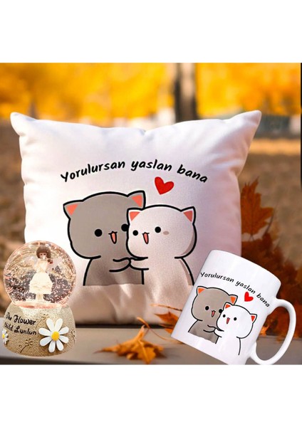 Yorulursan Yaslan Bana Puf Yastık & Kupa & Papatya Peri Kızı Renk Değiştiren Işıklı Melek Kar Küresi