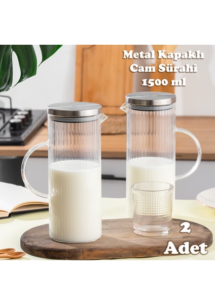 Alisa 2'li Borosilikat Cam Sürahi Metal Kapaklı Cam Karaf - Detoks Sürahi 1500 ml