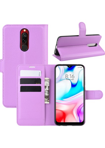 Litchi Cilt Cüzdan Deri Deri Serin Stand Kılıfı Xiaomi Redmi 8-Mor Için (Yurt Dışından)