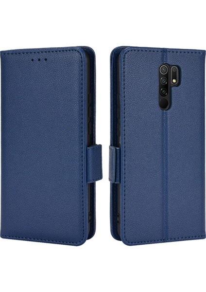 Xiaomi Redmi 9 Için Manyetik Toka Litchi Doku Telefon Kılıfı Pu Deri Cüzdan Standı Koruyucu Kapak-Koyu Mavi (Yurt Dışından)