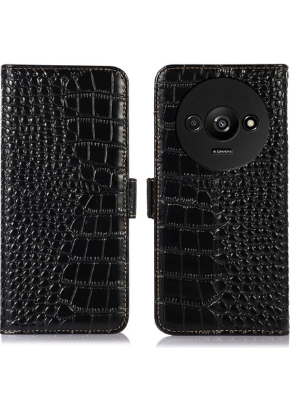 Xiaomi Poco C61 4g Kılıf Hakiki Inek Deri Cüzdan Telefon Kapağı Timsah Doku-Siyah (Yurt Dışından)