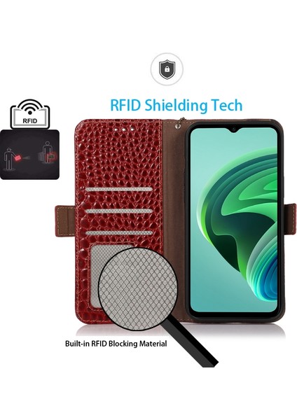 Xiaomi Poco C61 4g Kılıf Hakiki Inek Deri Cüzdan Telefon Kapağı Timsah Doku-Kırmızı (Yurt Dışından)