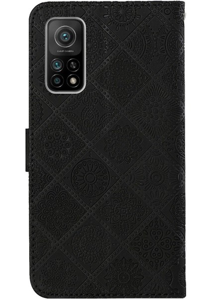 Baskılı Çiçek Cüzdan Deri Mıknatıslı Toka Kılıfı Xiaomi Mi 10T 5G/10T Pro 5g-Siyah Için Kayışlı (Yurt Dışından)