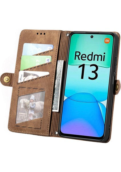 Xiaomi Redmi 13 5g/4g Kılıf Fermuar Cüzdan Geometri Çizgileri Deri Telefon Kapağı-Kahverengi (Yurt Dışından) modelleri