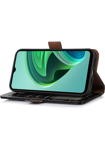 Xiaomi Poco C61 4g Kılıf Hakiki Inek Deri Cüzdan Telefon Kapağı Timsah Doku-Siyah (Yurt Dışından)
