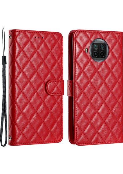Xiaomi Mi 10I 5G/10T Lite 5g Cüzdan Standı Telefon Deri Kapak-Kırmızı Için Dikiş Hattı Eşkenar Dörtgen Kılıf (Yurt Dışından)
