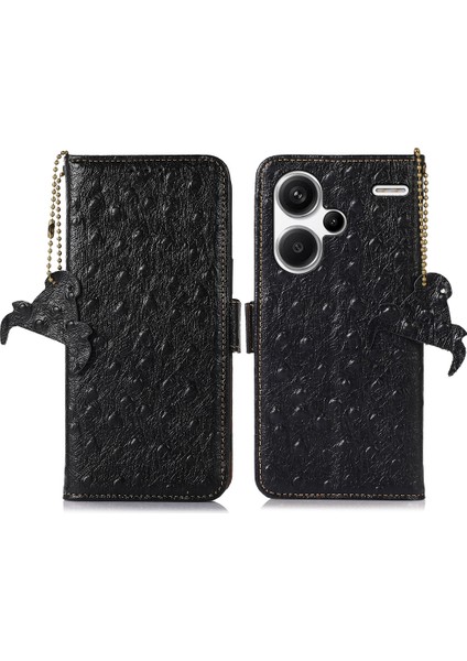 Xiaomi Redmi Note 13 Pro+5g Telefon Kılıfı Devekuşu Dokulu Hakiki Inek Deri Kapak-Siyah (Yurt Dışından)