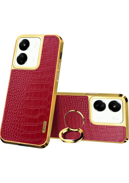 Xiaomi Poco M6 5g Kılıf Timsah Doku Halkası Kickstand Elektroliz Deri + Tpu Telefon Kapağı-Kırmızı (Yurt Dışından)