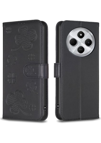 Xiaomi Redmi 14C 4g Kılıf Yonca Desenli Cüzdan Standı Görünümlü Deri Telefon Kapağı-Siyah (Yurt Dışından)