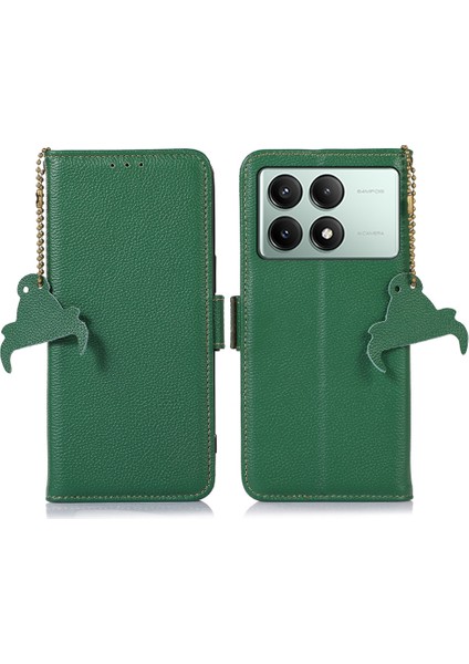 Xiaomi Redmi Için K70E 5g Kılıf Hakiki Inek Deri Rfıd Engelleme Flip Telefon Kapağı-Yeşil (Yurt Dışından)