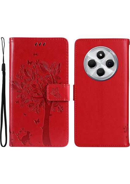 Xiaomi Redmi 14C 4g Kılıf Kedi Ağacı Desenli Flip Deri Telefon Kapağı-Kırmızı Baskı Çiçek (Yurt Dışından)