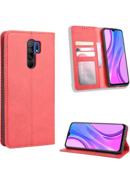 Xiaomi Redmi 9 Prime (Hindistan) -Kırmızı Için Vintage Stil Deri Cüzdan Standlı Telefon Kabuğu (Yurt Dışından)