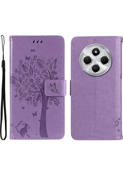 Baskı Çiçek Xiaomi Redmi 14C 4g Kılıf Kedi Ağacı Desen Flip Deri Telefon Kapağı-Açık Mor (Yurt Dışından)
