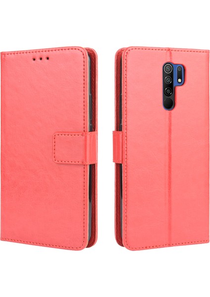 Crazy Horse Texture Cüzdan Standlı Deri Telefon Kılıfı Için Xiaomi Redmi 9 Prime(Hindistan) -Kırmızı (Yurt Dışından) modelleri