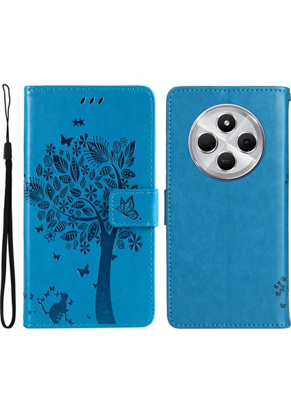 Xiaomi Redmi 14C 4g Kılıf Kedi Ağacı Desenli Flip Deri Telefon Kapağı-Mavi Baskı Çiçek (Yurt Dışından)