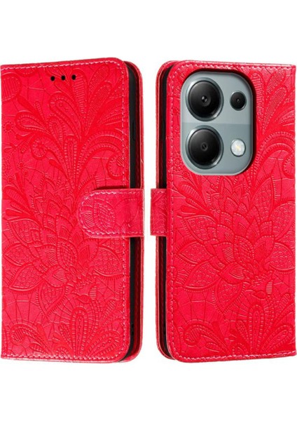 Xiaomi Redmi Note 13 Pro 4g Kılıf Için Dantel Çiçekler Pu Deri Flip Cüzdan Telefon Kapağı-Kırmızı (Yurt Dışından)