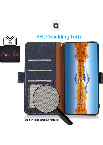 Xiaomi Redmi Için Not 12 5g(Küresel)/(Hindistan)/(Çin) Litchi Doku Hakiki Deri Manyetik Flip Case Rfıd Engelleme Standı Darbeye Dayanıklı Telefon Kapağı-Mavi (Yurt Dışından)