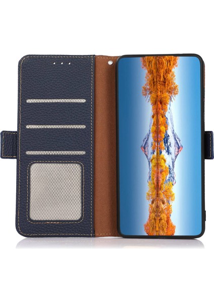 Xiaomi Redmi Için Not 12 5g(Küresel)/(Hindistan)/(Çin) Litchi Doku Hakiki Deri Manyetik Flip Case Rfıd Engelleme Standı Darbeye Dayanıklı Telefon Kapağı-Mavi (Yurt Dışından)
