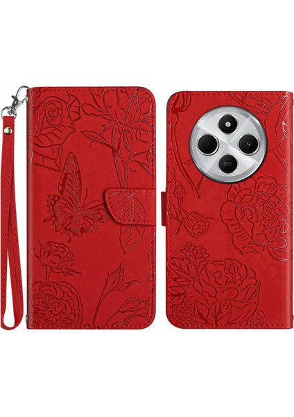 HT03 Xiaomi Redmi Için 14C 4g Kılıf Çiçek Baskı Deri Telefon Kılıfı Kayış-Kırmızı (Yurt Dışından)