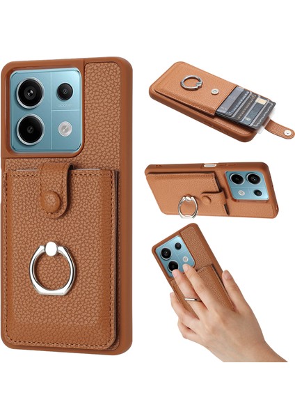 Xiaomi Poco X6 5g Kılıf Çizim Tipi Kart Yuvaları Litchi Doku Deri Arka Kapak Halkalı Kickstand-Kahverengi (Yurt Dışından)